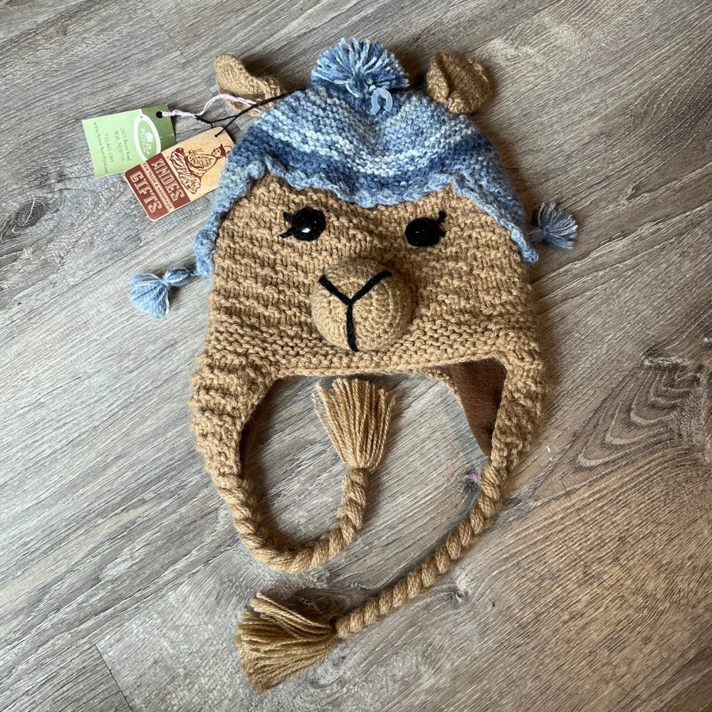 Andes Gifts Alpaca Blend Llama Animal Earflap Beanie Hat Fleece Lined Tan Blue